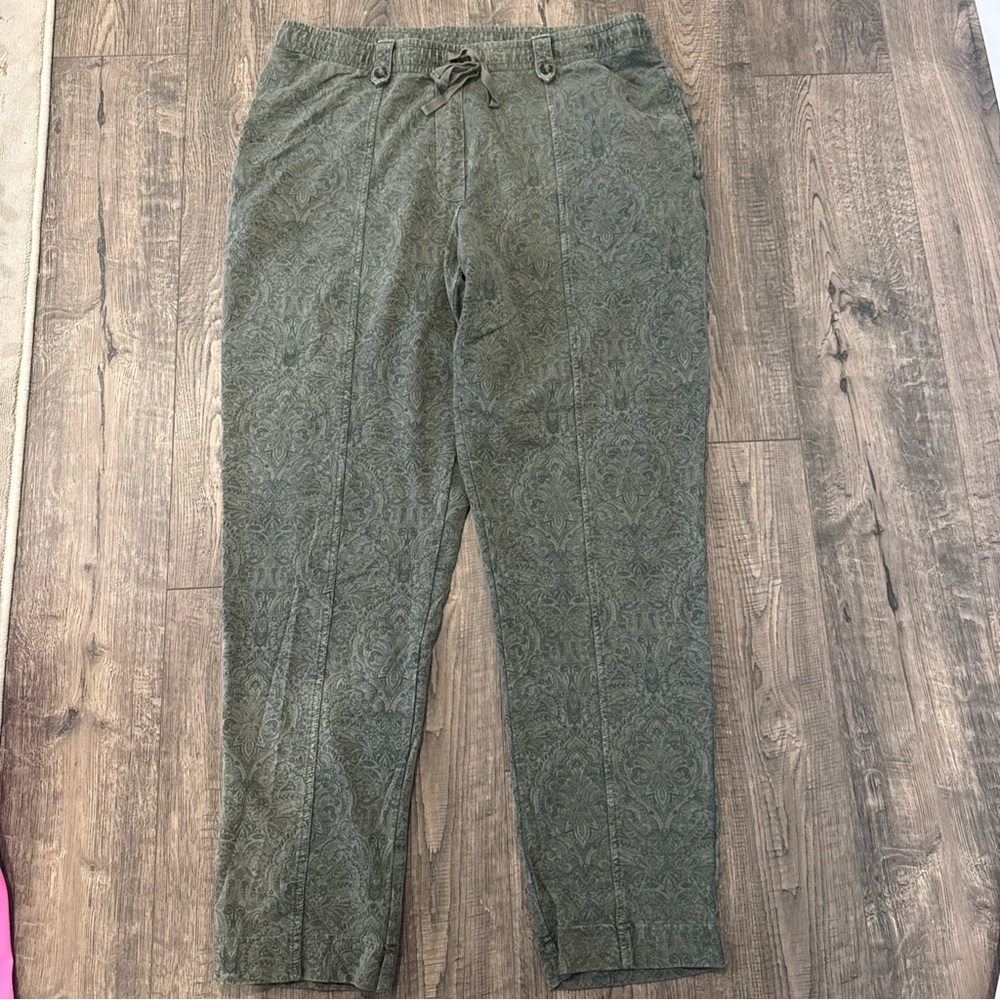 J Jill Women's M Joggers Green Paisley Drawstring Pockets Straight Leg Boho Pant